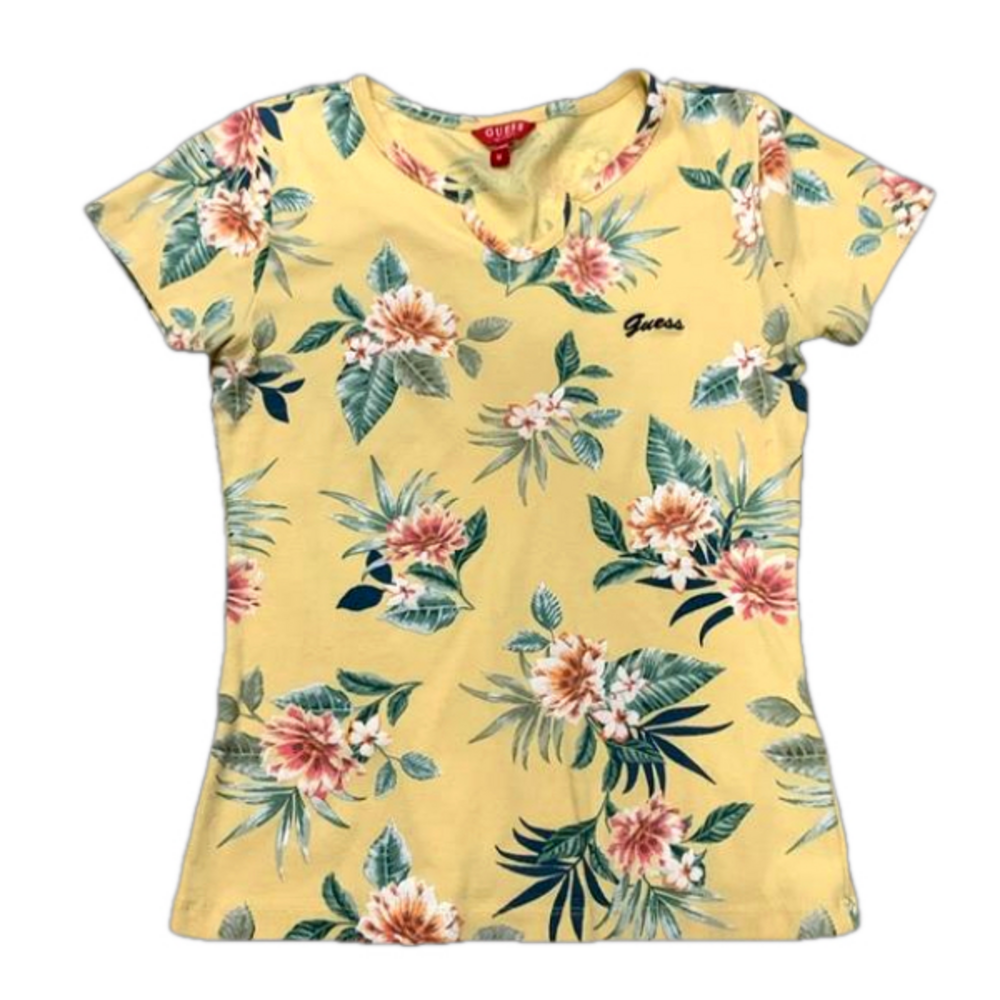 GUESS Vintage Shirt in Size Medium Yellow With Tropical Print Guess On Front
